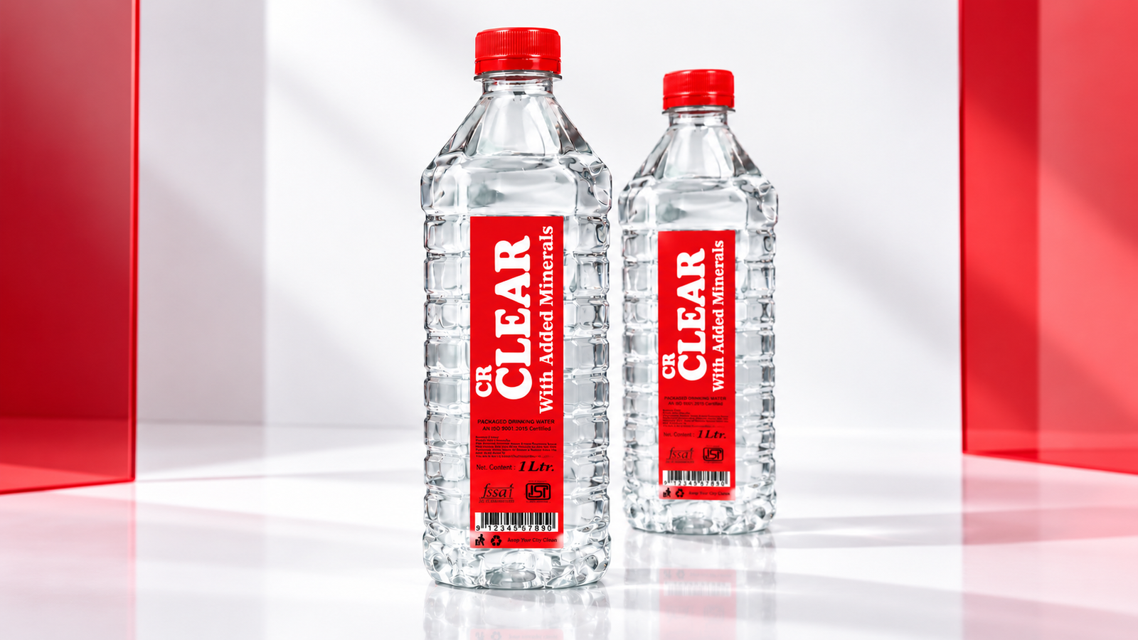 CR clear signature packaged drinking water bottles on presentation stage
